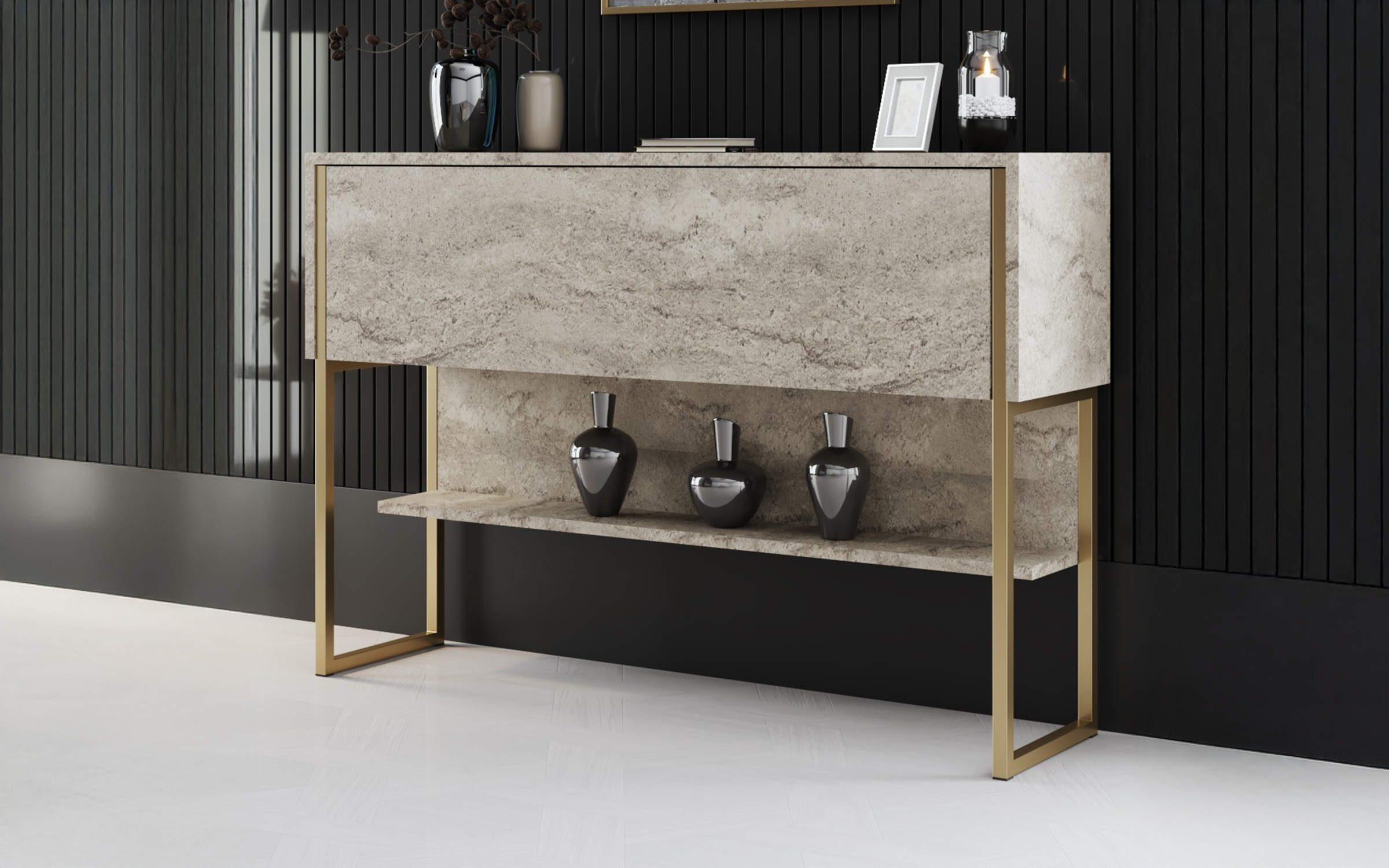 Masa consola Larso, decor travertin + auriu  2